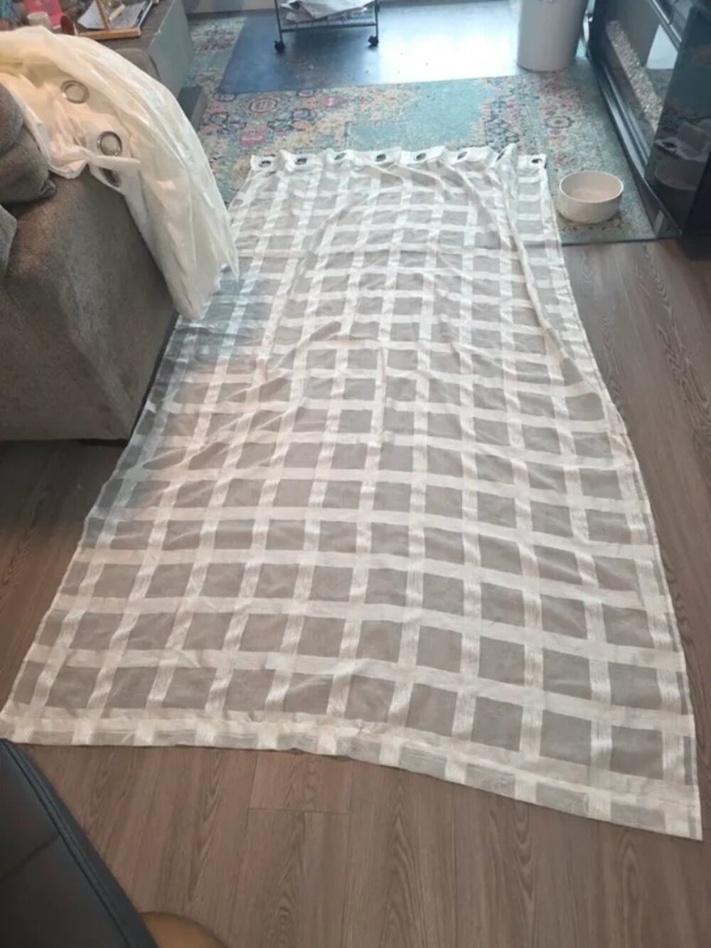 Sheer fabric curtain 2 panel, plaid jacquard pattern, ivory/cream